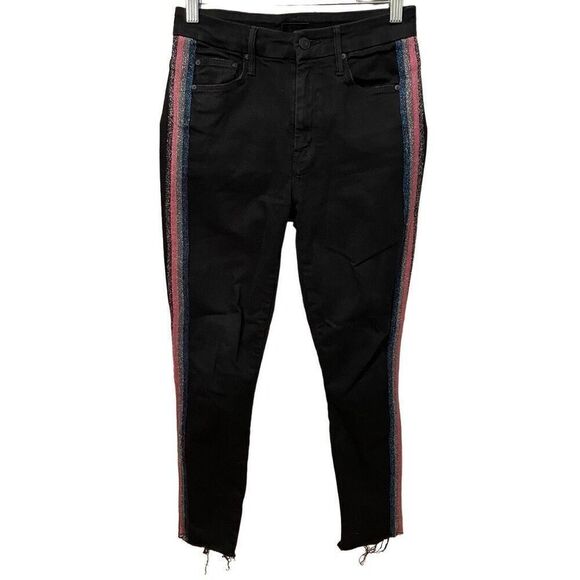 Mother Denim Womens Looker Ankle Fray Jeans 25 Black High Waisted Glitter Stripe - Picture 1 of 12
